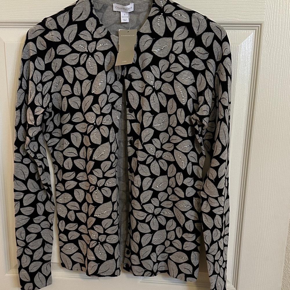 Charter Club Black and Gray Leaf Print Cardigan